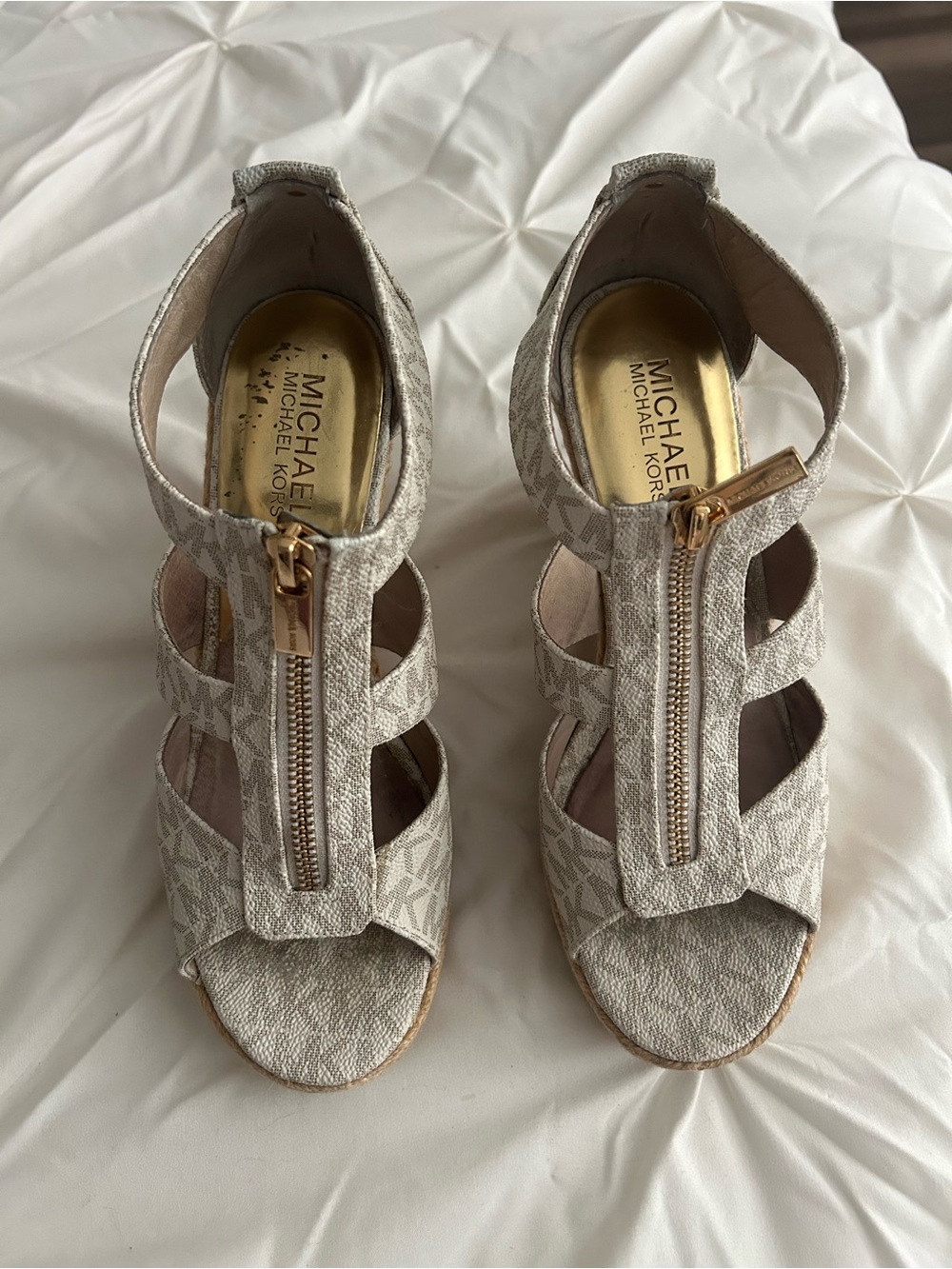 Michael Kors Vanilla Logo Wedge Sandals with Gold Zipper